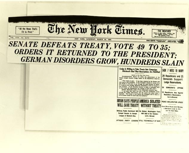 Local Accession Number: 2185 Description: New York Times headline from March 20, 1920. Photographer: N/A Source: New York Times Size: 8x10 Medium: Print, Black and White Date: 03-20-1920 Local Accession Number: 2185 Description: New York ...