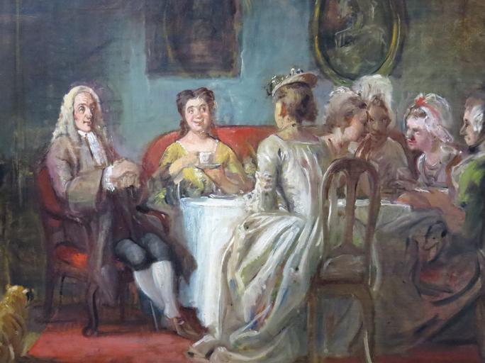 Holberg i kaffeselskab (Marstrand).JPG Udsnit af Holberg i kaffeselskab hos madame N N maleri fra ca 1866 av Wilhelm Marstrand 1810-1873 Den Hirschsprungske Samling København own 2014-08 Orf3us Wilhelm Marstrand Ludvig Holberg ...