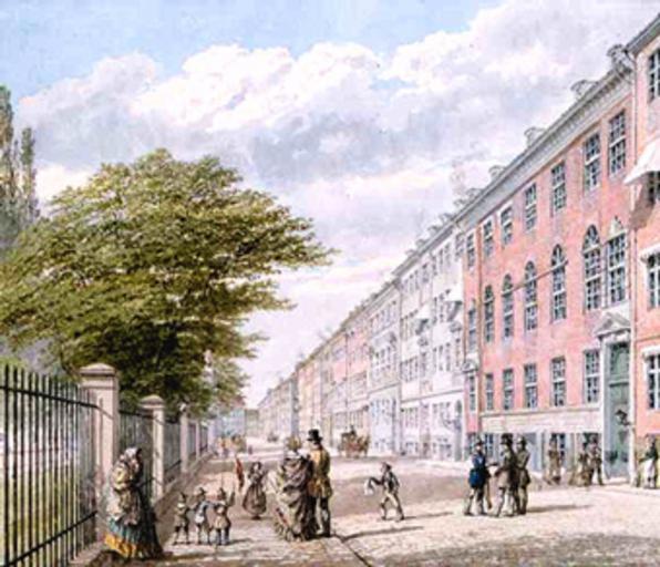Kronprinsessegade (H. G. F. Holm).jpg en A watercolour by H G F Holm depicting the street Kronprinsessegade in Copenhagen Denmark http //www vagtmand dk/davids2 jpg Davids Samling H G F Holm ~ 1845 PD-old H G F Holm Kronprinsessegade ...