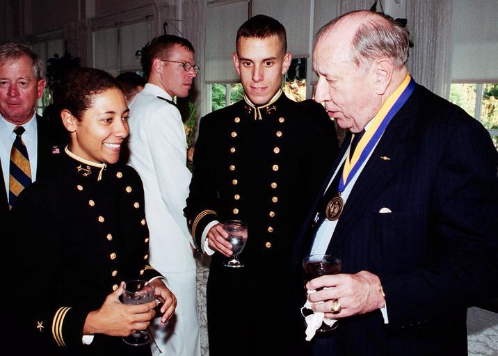 Navy 010921-N-5390M-002 File Photo, Former Chairman of the Joint Chiefs of Staff Adm. William J. Crowe Jr., talks with Midshipmen at a reception honoring the U.S. Naval Academy Alumni Association Distinguished Graduate Award.jpg en ...