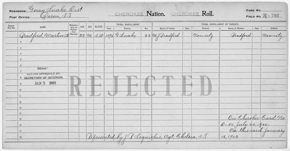 Enrollment for Cherokee Census Card R792 - NARA - 259855.tif Scope and content Name Bradford Type Parent Sex Female Name M J Bradford Type Parent Sex Male Name Martin H Bradford Type Rejected Age 33 Sex Male Degree Indian Blood Intermarried ...