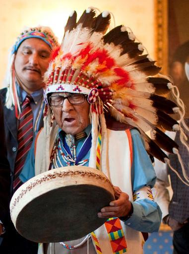 Joseph Medicine Crow at the White House.jpg Presidential Medal of Freedom recipient Joseph Medicine Crow shows a drum during a reception for recipients and their families in the Blue Room of the White House on Aug 12 2009 http //www flickr ...