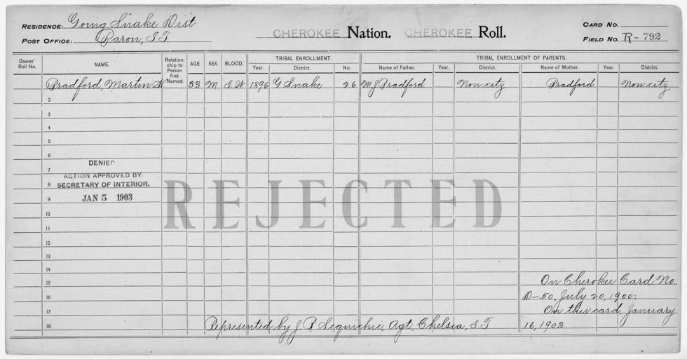 Enrollment for Cherokee Census Card R792 - NARA - 259855.jpg Scope and content Name Bradford Type Parent Sex Female Name M J Bradford Type Parent Sex Male Name Martin H Bradford Type Rejected Age 33 Sex Male Degree Indian Blood Intermarried ...