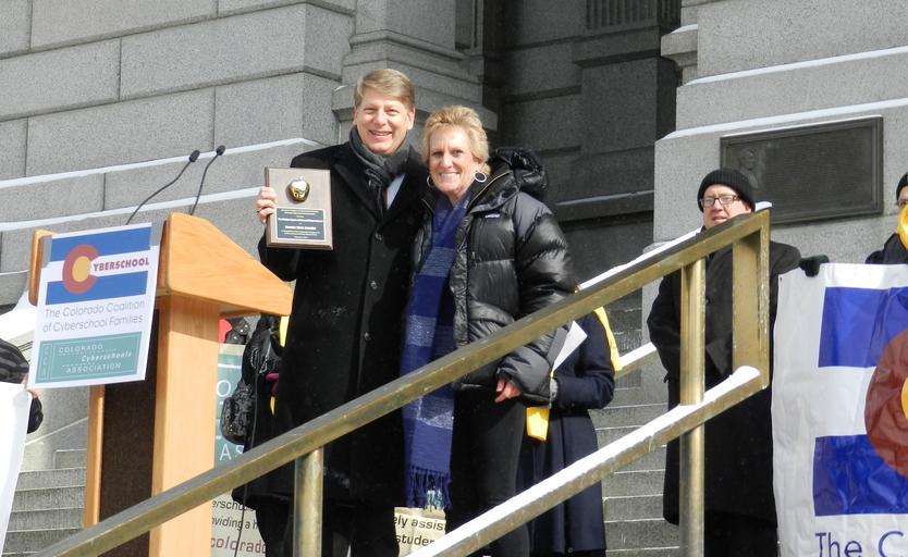 Senator Scheffel receives the Golden Apple of School Choice Award from the Cyberschool Families and the Colorado Cyberschools Association. Senator Scheffel receives the Golden Apple of School Choice Award from the Cyberschool Families and ...