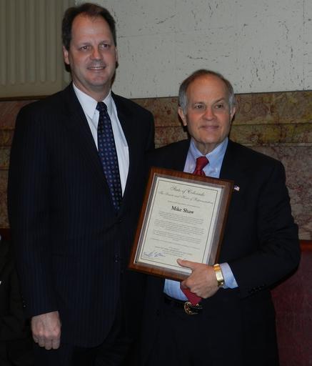 Senate Minority Leader Bill Cadman presents an award to Mike Shaw in recognition of him being the 2012 National Automobile Dealers Association TIME Magazine Dealer of the Year. Learn more at www.ColoradoSenateNews.com Senate Minority Leader ...