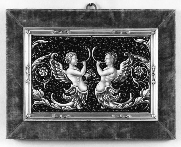 Limosin I - Sirens - Walters 44193.jpg A confronted pair of winged figures male and female blow curved horns The male holds grapes and his partner a flower The body of each ends in a foliate scroll with a convoluted end The black background ...
