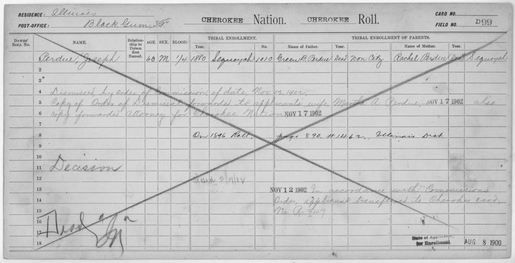 Enrollment for Cherokee Census Card D99 - NARA - 251847.jpg Scope and content Name Green B Perdue Type Doubtful Sex Male Name Joseph Perdue Type Doubtful Age 63 Sex Male Degree Indian Blood 1/4 City of Residence Black Gum Name Rachel Perdue ...