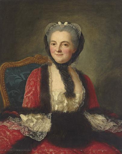 Marianne Loir Portrait of a woman in a red dress with a black muff.jpg Portrait of a woman seated in a red dress with a black muff century 18 Oil on canvas cm 81 3 66 unknown Christie's_online 5211580 2175 48 other versions ...