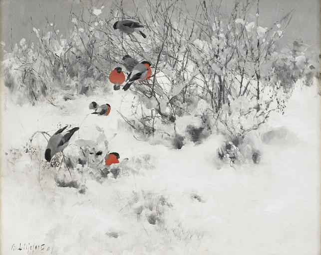 Bruno Liljefors - Winter landscape with bullfinches 1891.jpg Artwork en Winter landscape with bullfinches sv Vinterlandskap med domherrar creator Bruno Liljefors 1891 Oil canvas cm 40 50 http //auktionsverket se/auction/fine-arts/...